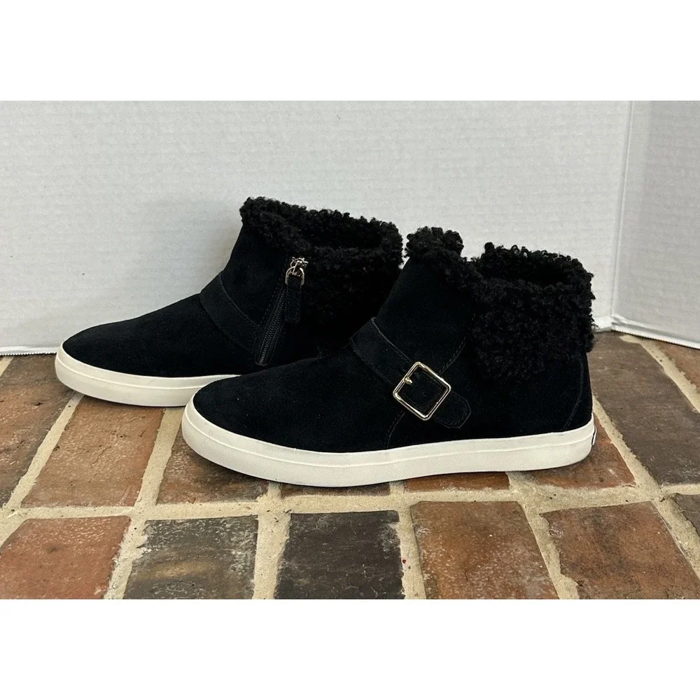 Cole Haan NANTUCKET Cozy Ankle Suede Boots H2O Black Faux-Shearling Trim Wm Sz 8